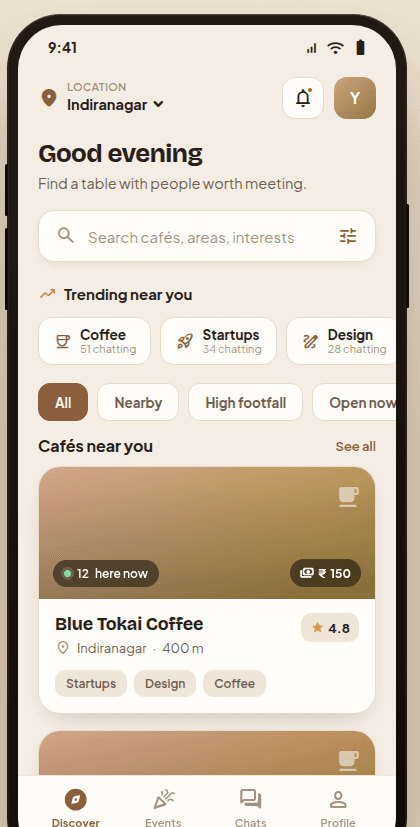 The CafeConnects app home screen, showing nearby cafés and trending topics
