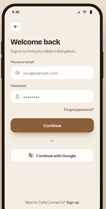 CafeConnects app sign-in screen